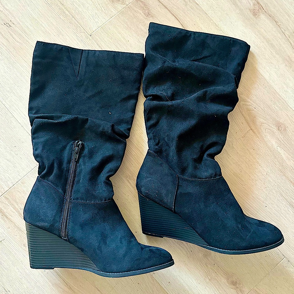 A.N.A Bianca Women's Black Wedge Heel Slouch Boots w/Side Zip Size 11